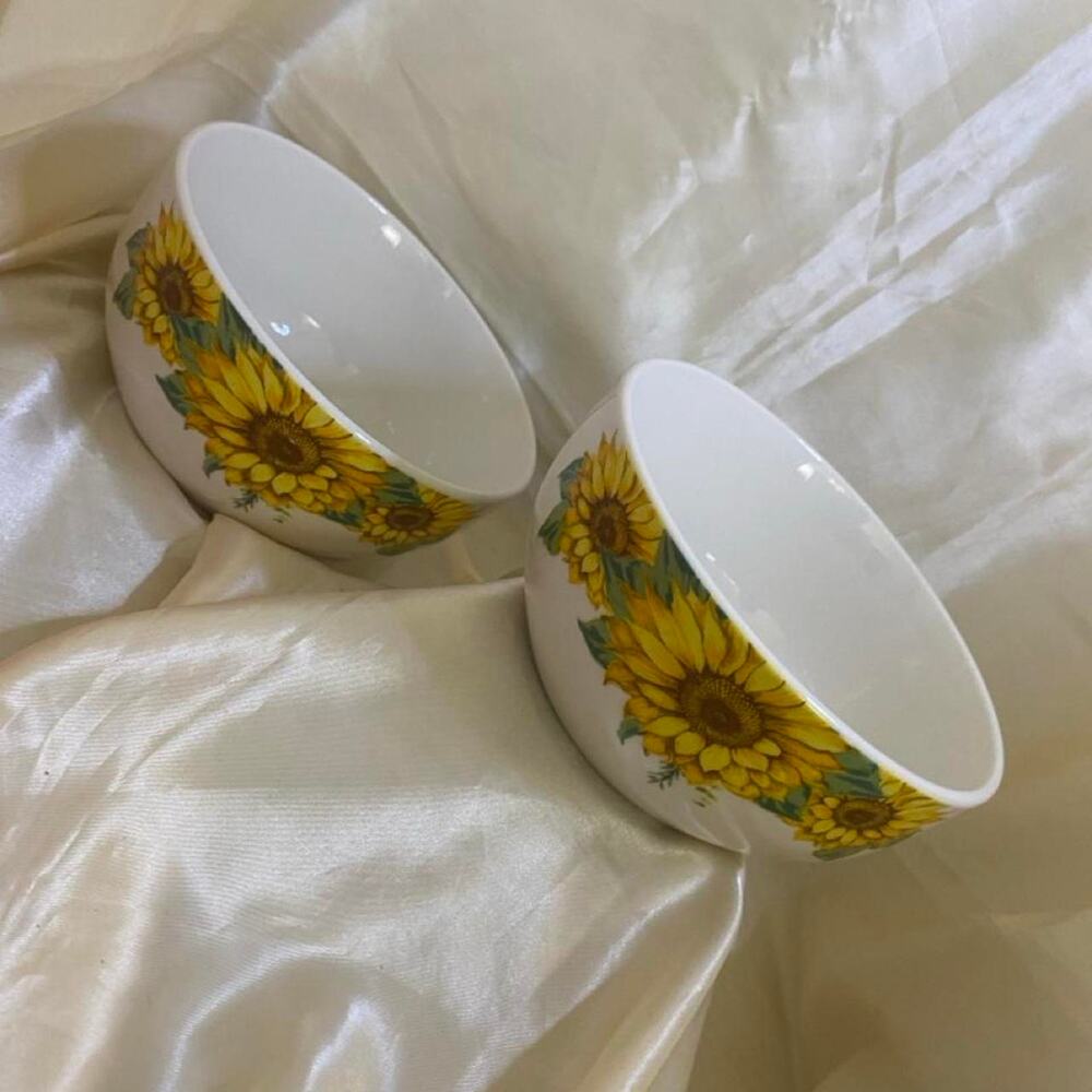 Sunflower Bowls Set of 2 Yellow Floral Cereal Soup Bowls